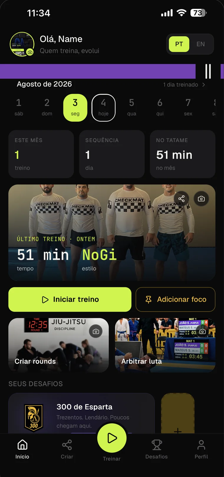 BJJ Go — ecrã inicial com registo de treino